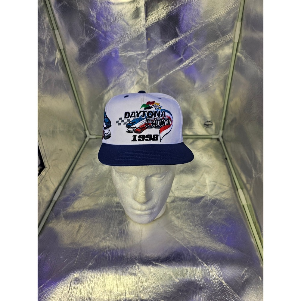 Vintage 1998 Daytona 500 NASCAR Snapback Hat Checkered Flag Sports White Blue
